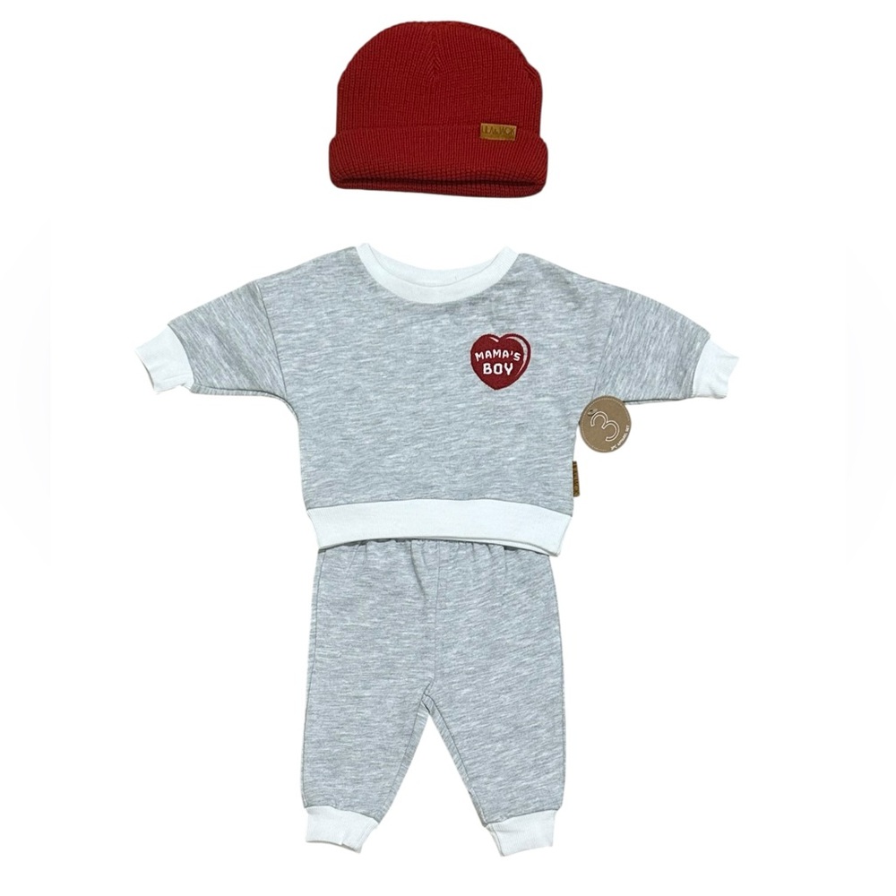Lila & Jack Infant 3-Piece Set in Heather Gray including a Red Beanie (3-6M)